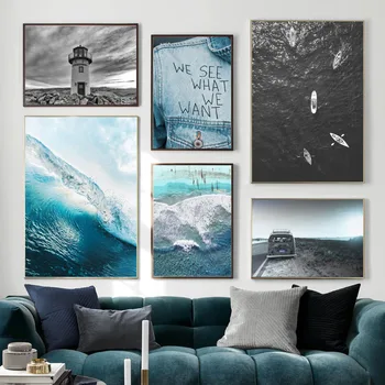 

Blue Sea Boat Van Lighthouse Jeans Nordic Posters And Prints Wall Art Print Canvas Painting Salon Wall Pictures For Living Room