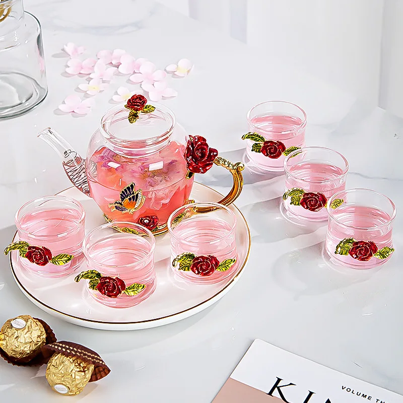 Красная роза эмаль Хрустальный чайный набор цветочный стеклянные чашки для