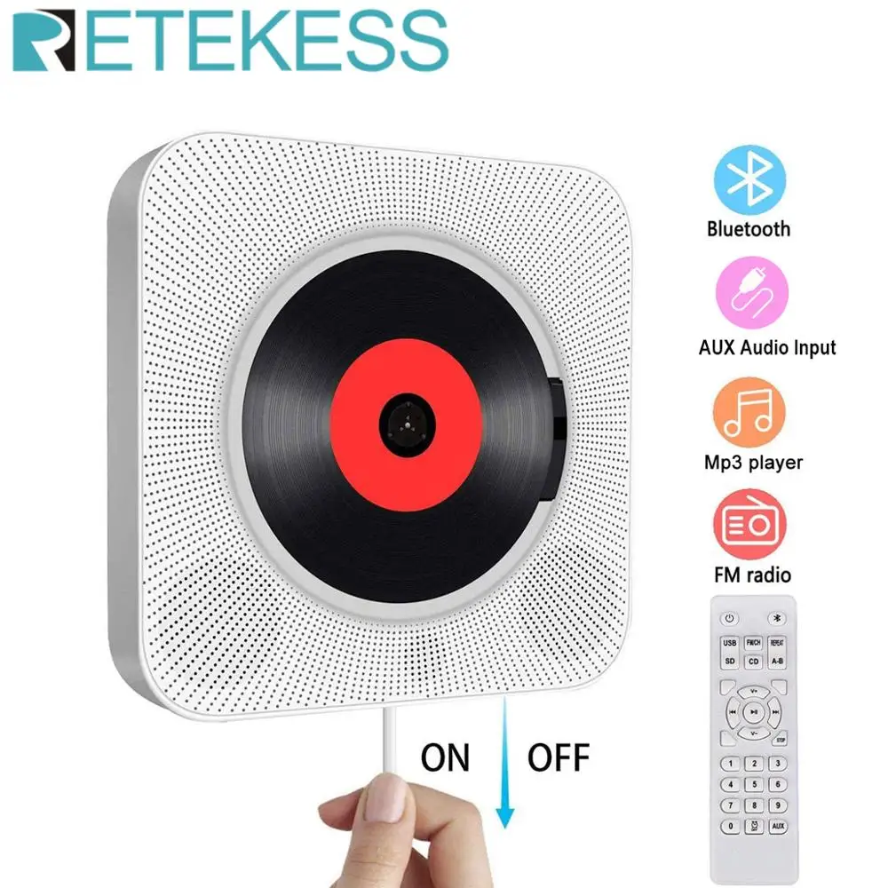 

Retekess TR609 Wall Mountable CD Player With FM Radio Bluetooth Speaker MP3 Player Remote Control AUX Audio Input