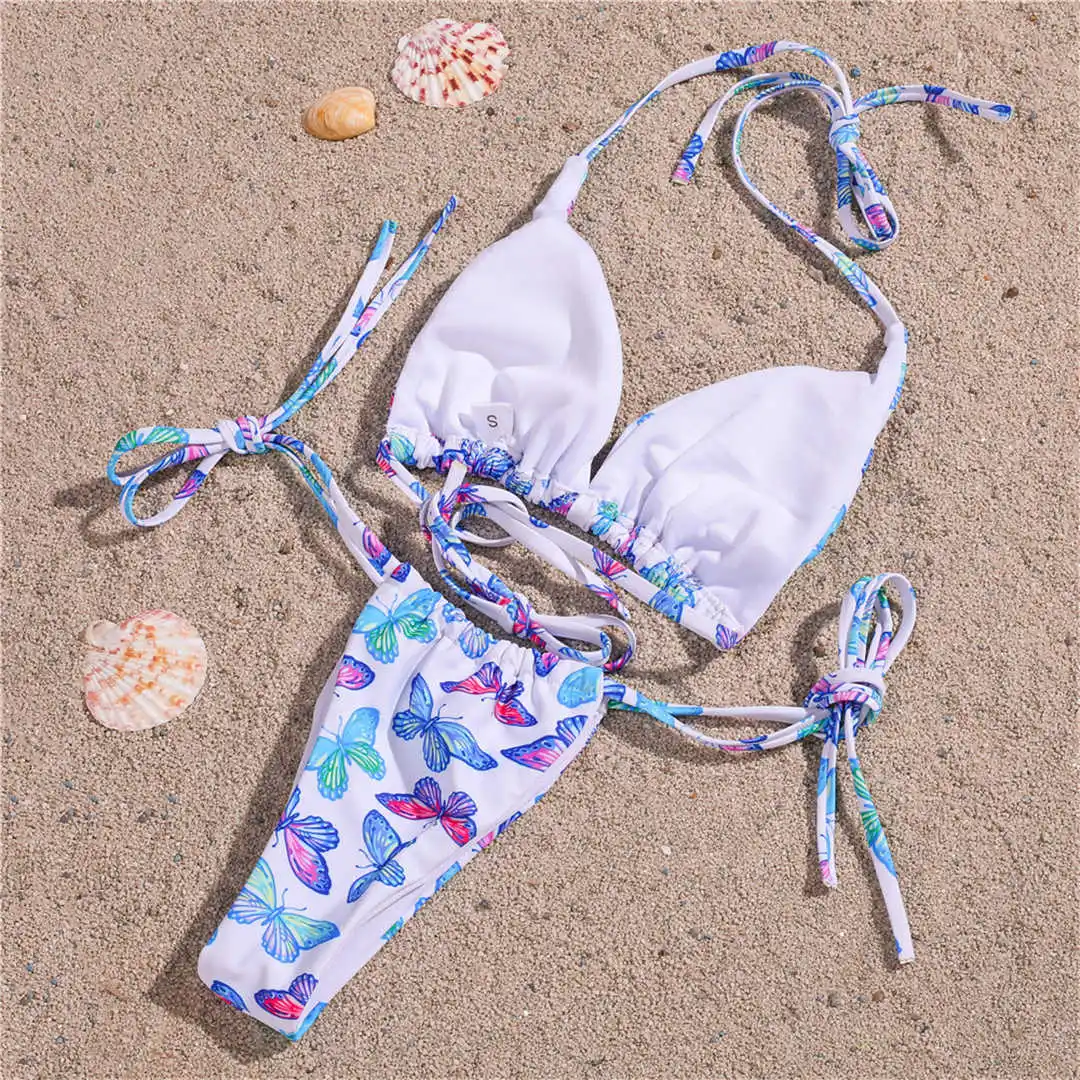 Sexy Butterfly Printed Halter Bikini Women Swimwear Female Swimsuit Two-pieces Bikini set Thong Bather Bathing Suit Swim V2409