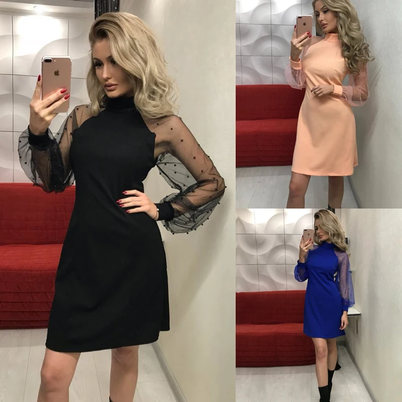 Women Dresses Autumn Spring Dress For Women Women's Pearl Beading Mesh Sleeve Dress Long Sleeve A-Line Mini Party Dress