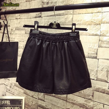 

Smlinan 2020 Faux Pu Leather Shorts Women Elastic Waist Pockets Black Motorcycle Biker Short Female Summer Plus Size