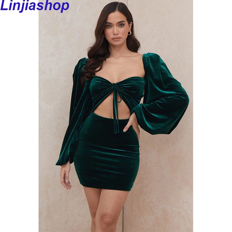 New Velvet Dress Hollow Sexy Pleated V-neck Lantern Sleeve Elastic Stretchy Skinny Mini Celebrity Party Vestidos | Женская одежда