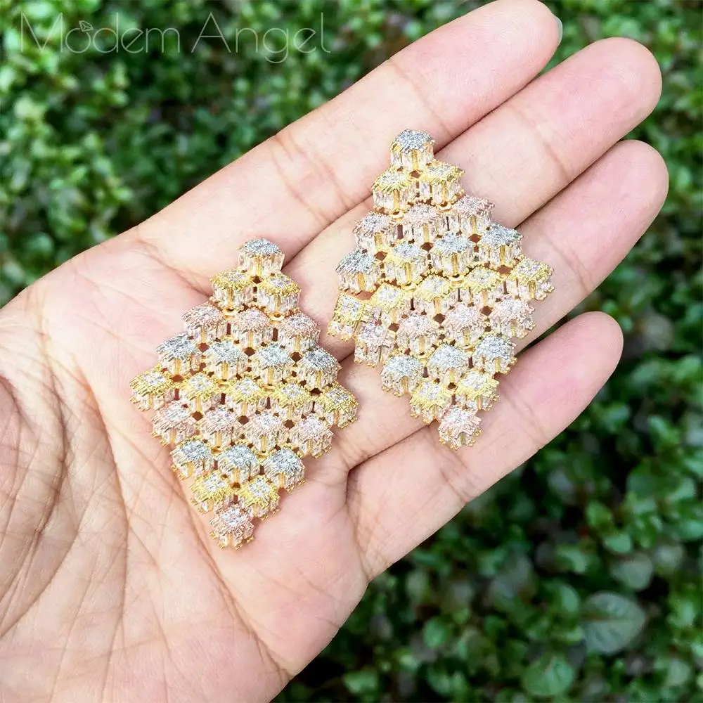 

ModemAngel Geometry Full Mirco Paved Cubic Zirconia Earrings For Women Fashion Wedding Olive Branch Ear Fashion Jewelr