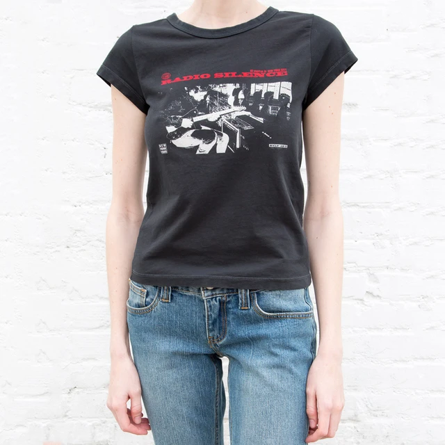 T-shirt manches courtes femme, haut court, imprimé devant, "Radio Silence", A568
