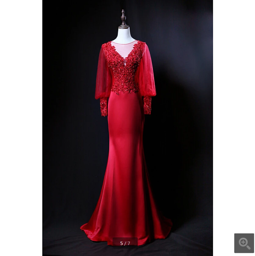 Vestido de festa красные вечерние платья русалки с кружевной аппликацией и бусинами, вечерние платья с длинным рукавом и глубоким декольте