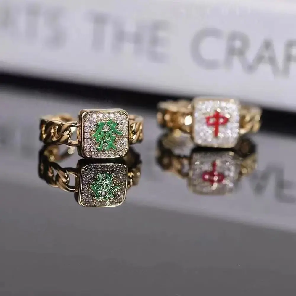 Chinese Mahjong Elements Geometric Rings Adjustable Finger Rings Women Girl Jewelry Accessories Metal Rhinestone Finger Buckle