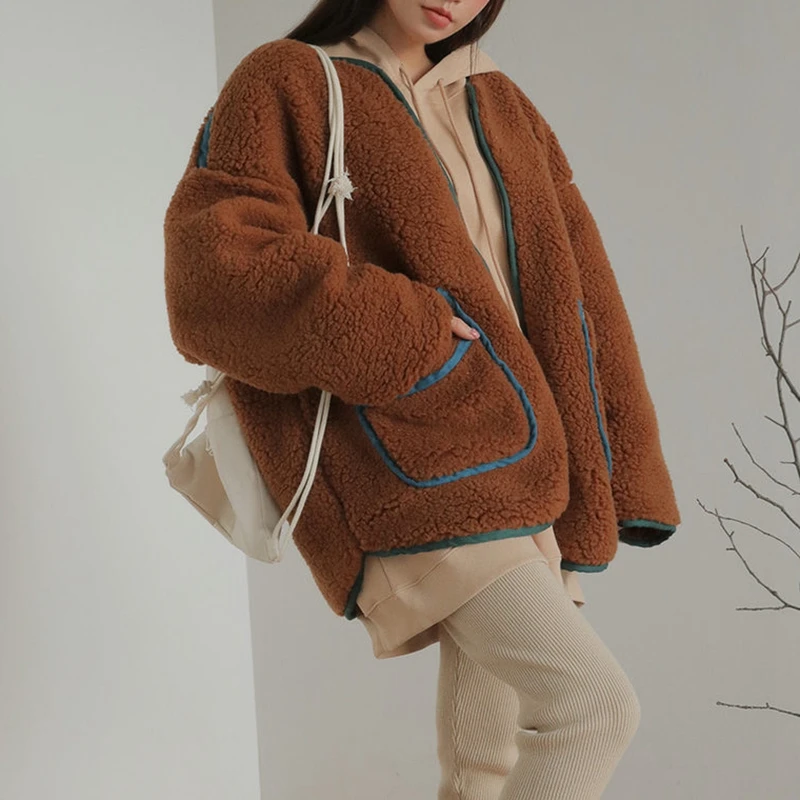 RICININA, женское плюшевое пальто, зимняя куртка, негабаритный карман, пэчворк, шерсть, женские пальто и куртки, Весенняя повседневная женская верхняя одежда