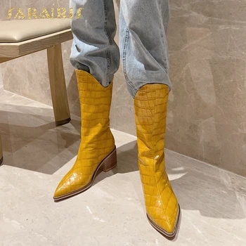 

Sarairis 2020 New Fashion Big Size 43 Thick Heels Shoes Woman Boots Female Slip On Pointed Toe Slip-On Mid-Calf Boots Women