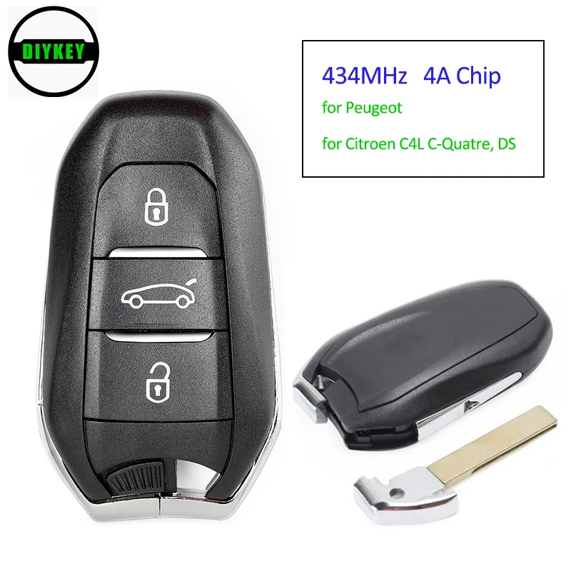

DIYKEY дистанционный смарт ключ-брелок 434 МГц 4A чип 3 кнопки дистанционного ключа для Peugeot 508 308 408 4008 301 для Citroen C4L C-Quatre, DS