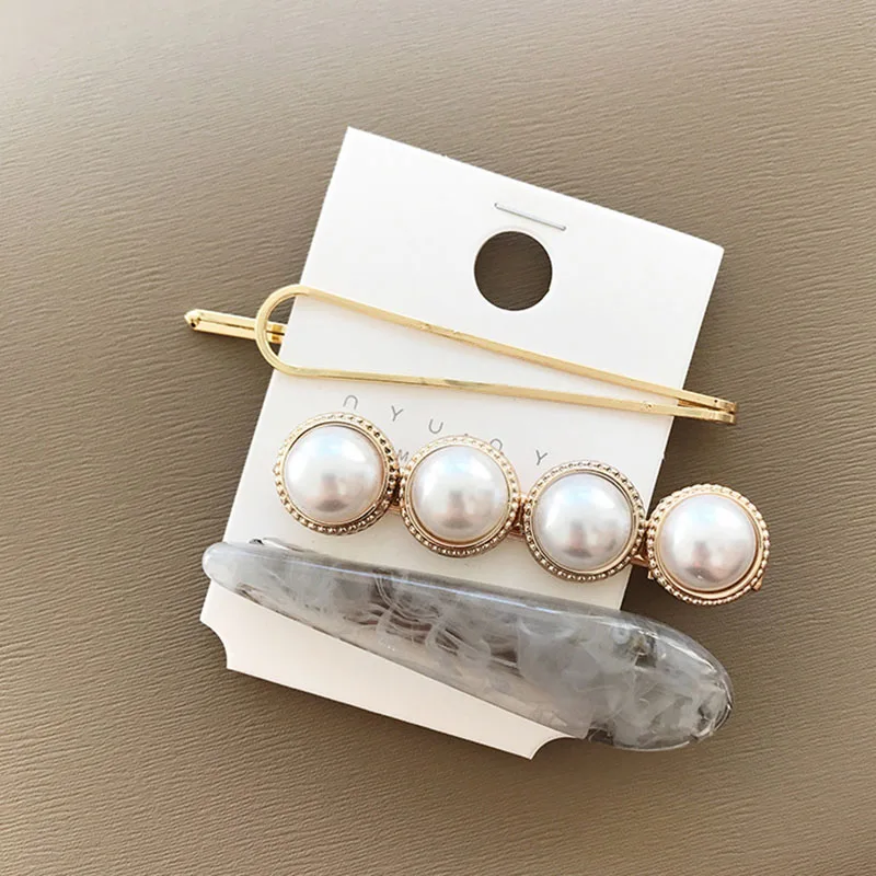 Light gray marble 3pcs/set Korean Women Girls Metal Pearl Marble Hair Clip Combination Barrette Pearls Hairpin Hair Styling Accessories - Окраска металла: Light gray marble