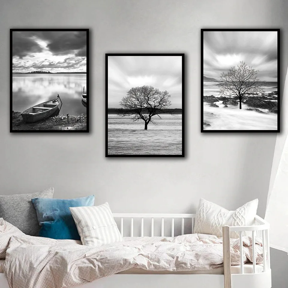 

Lake Cloud Tree Black White Canvas Painting Print Living Room Office Home Decor Modern Wall Art Oil Painting Poster Pictures HD