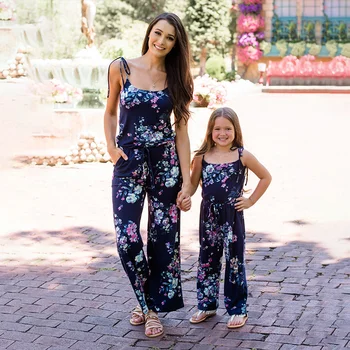

Mommy and Me Clothes Family Matching Outfits Autumn 2019 Mom and Daughter Dress Girl Navy Blue Floral Jumpsuit Baby Girl Clothes