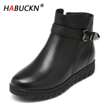 

HABUCKN Soft Leather Genuine Cow Women Boots Zip Fur Plush Warm Snow Boots for Autumn Winter Women Ankle Boots Shoes platform