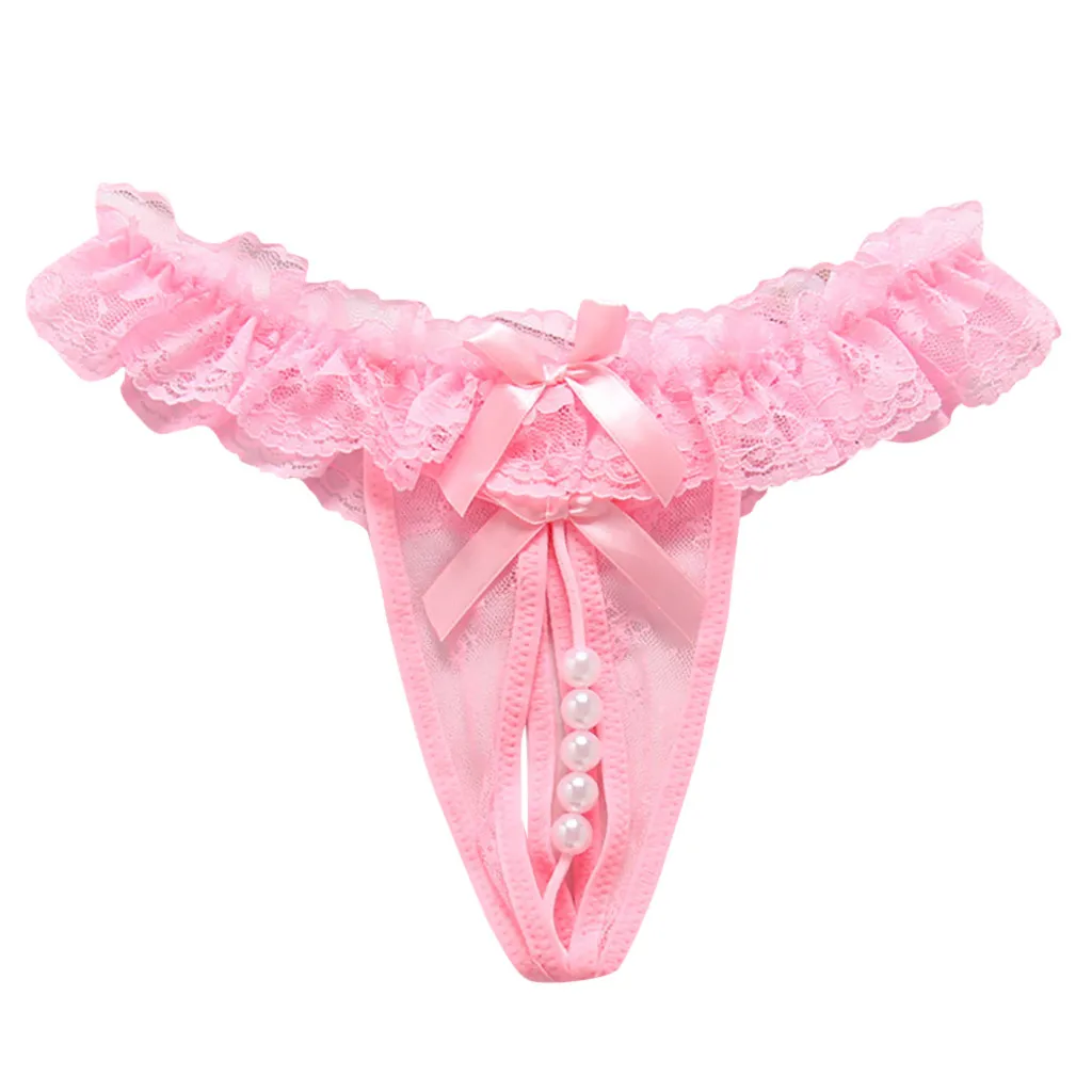 Open Lace Crotch Thong Mesh Pearl G-string Straps Sexy Lingerie Temptation Pants Women's Soft Briefs Bow Panty Underwear 51*