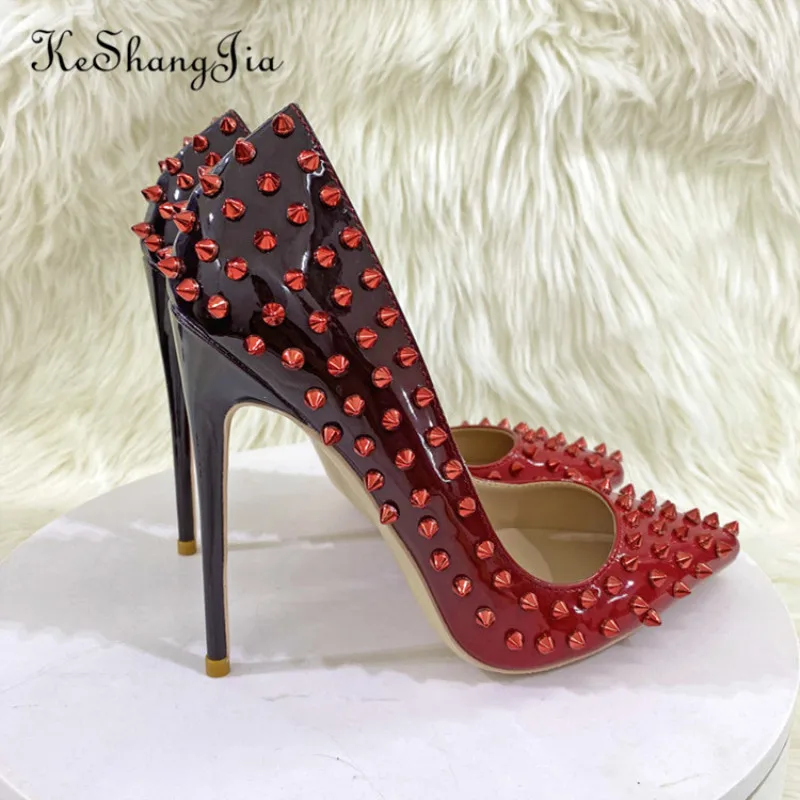 

Ke Shang Jia Full Spikes Women Red Black Gradient Patent Pointed Toe Extremely High Heels Sexy Ladies Club Party Stiletto Shoes