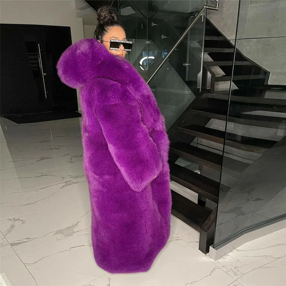 X-long Purple Color Real Fox Fur Coat With Big Hood Thick Warm Fur Overcoat Luxury Full Pelt Genuine Fox Fur Coats Female Winter