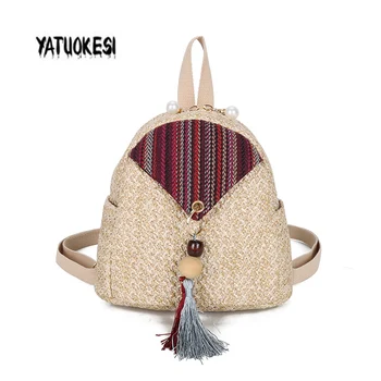 

2020 Women Straw Backpack Fashion Handmade Woven Rattan Ladies Tassel Backpacks For Teenage Girls Female Wild Mini Backpack