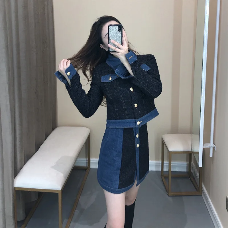 

LANMREM Stitching Denim Lapel Single-breasted Waist Woman Short Jacket Skirt Suit Simple Fashion 2019 Autumn Winter New TV221