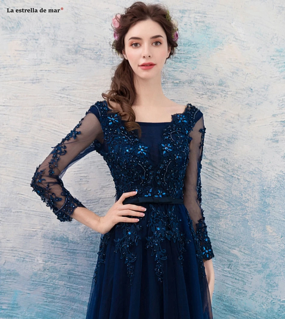 Vestido dama de honra, новинка, кружевное платье трапециевидной формы с длинным рукавом и бусинами, темно-синее платье подружки невесты, длинное свадебное платье abiti da damigella