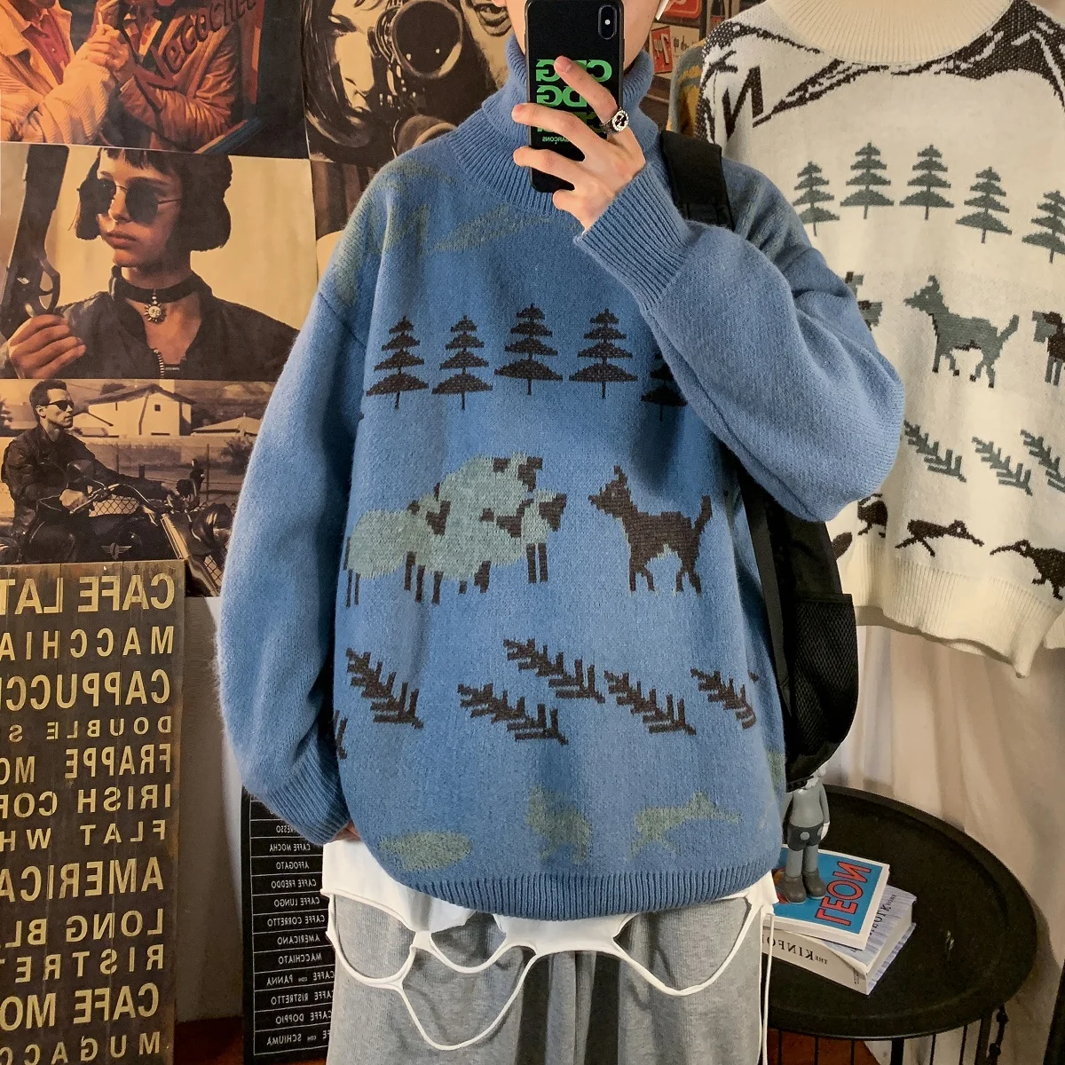 

2021 winter cartoon warm sweater men high neck pullover