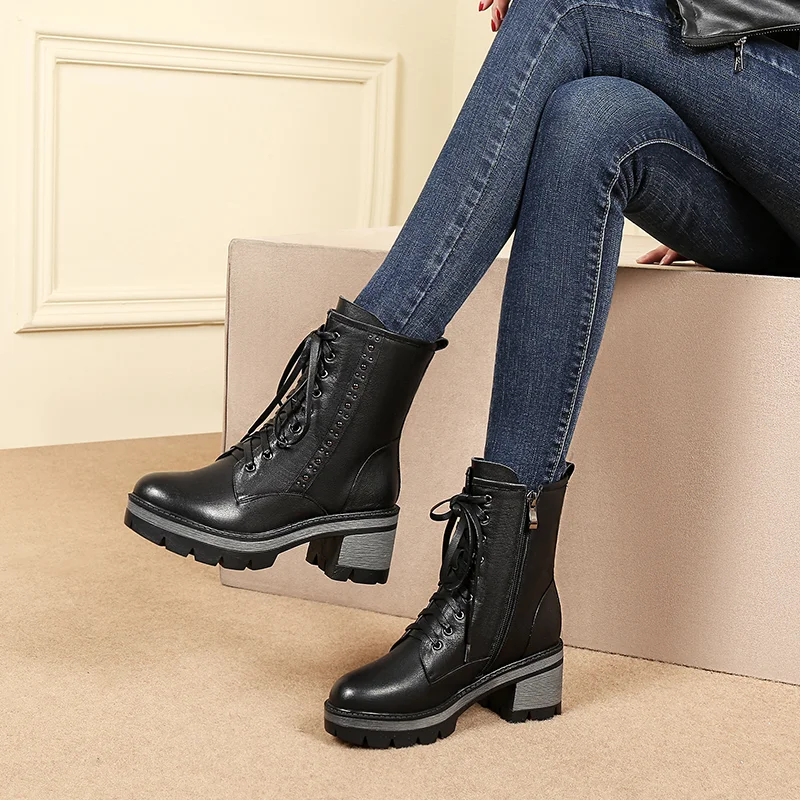 

Fashion thick bottom round toe Martins boots dot decorative platform black classic women's shoes genuine leather motorcycle boot