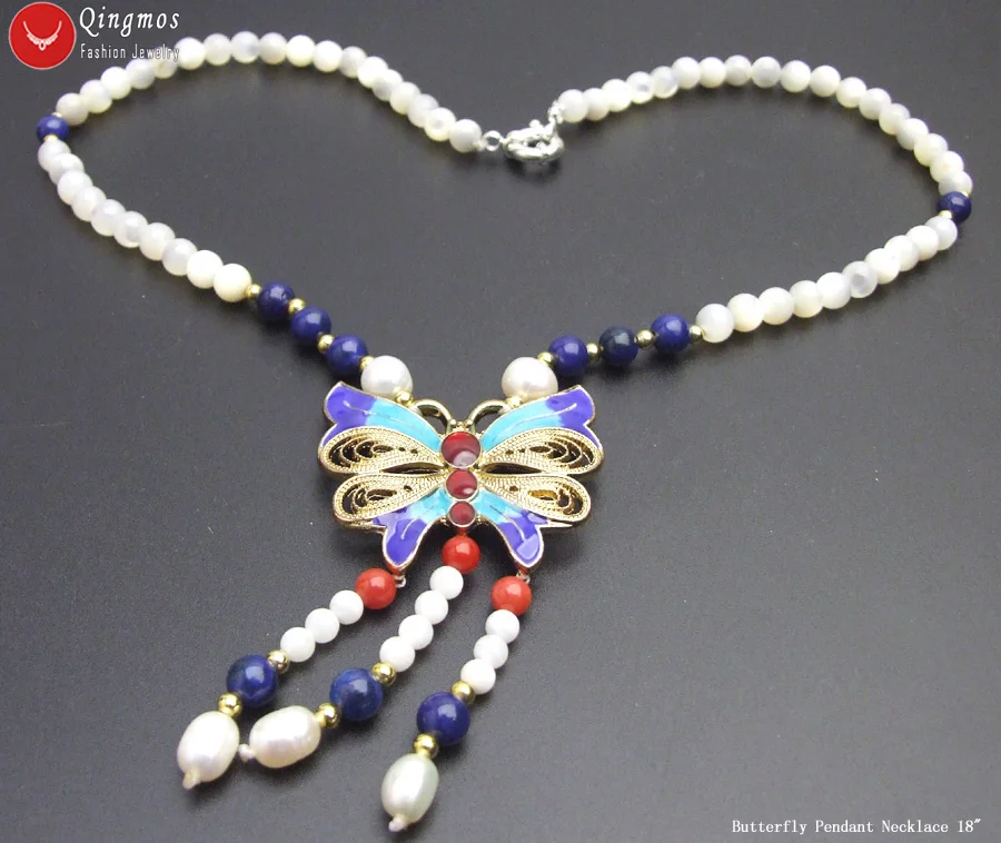 Qingmos Cloisonne 40*37 мм ожерелье с подвеской в виде бабочки для женщин с 6 мм натуральными белыми бусинами в виде раковины& Lapis ОЖЕРЕЛЬЕ 1" чокеры