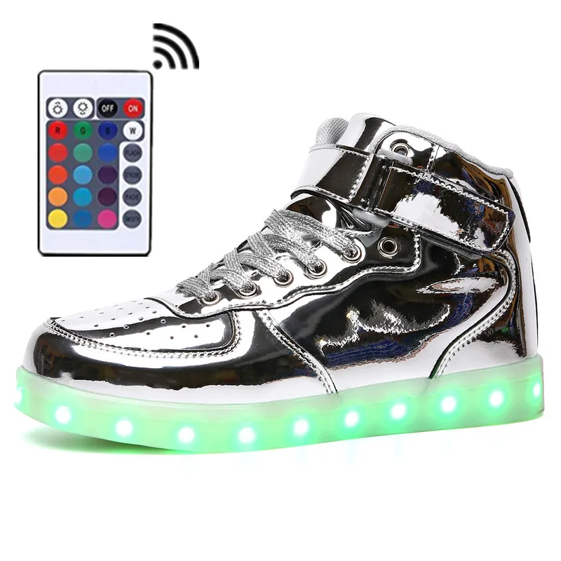 

High Top LED Shoes Men Romote Control Light Up Glowing Shoes Flash 11 Gold color Boots Unisex Hot Fashion Silver Shoes Leather