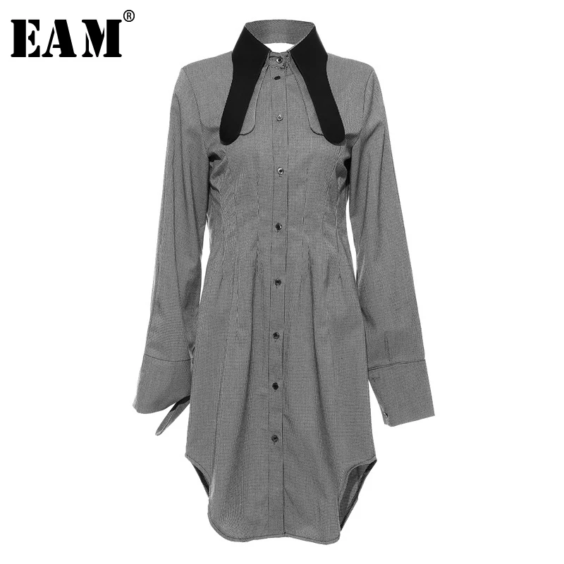 

[EAM] Women Plaid Bow Bandage Hollow Out Dress New Lapel Neck Long Sleeve Loose Fit Fashion Tide Spring Autumn 2019 1A707