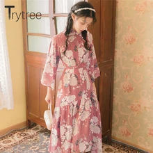 Trytree весеннее женское платье, повседневное, стоячий воротник, три четверти, рукав-фонарик, с принтом, китайский стиль, элегантное, неравномерное, ТРАПЕЦИЕВИДНОЕ ПЛАТЬЕ