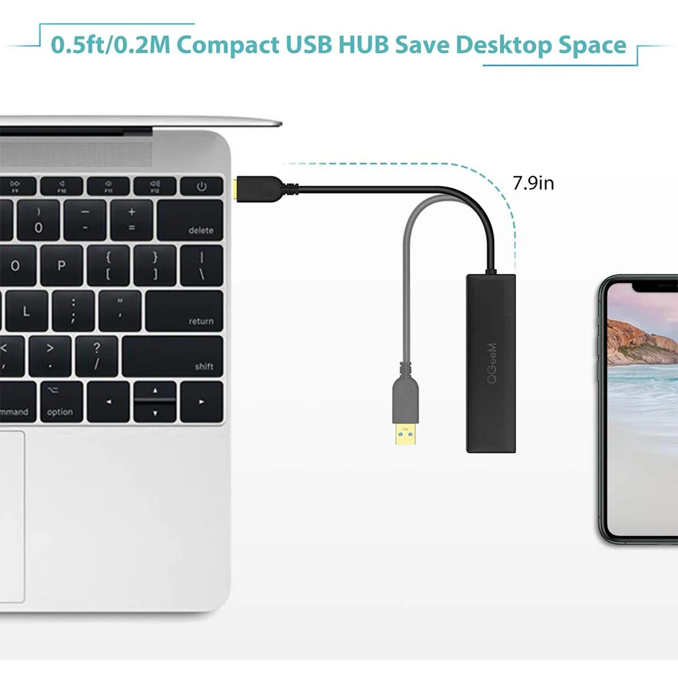 QGeeM USB Hub 3.0 Adapter 0.11m Card Reader USB Splitter for Xiaomi Laptops Macbook Pro USB 3.0 Hub for PC Computer Accessories 6