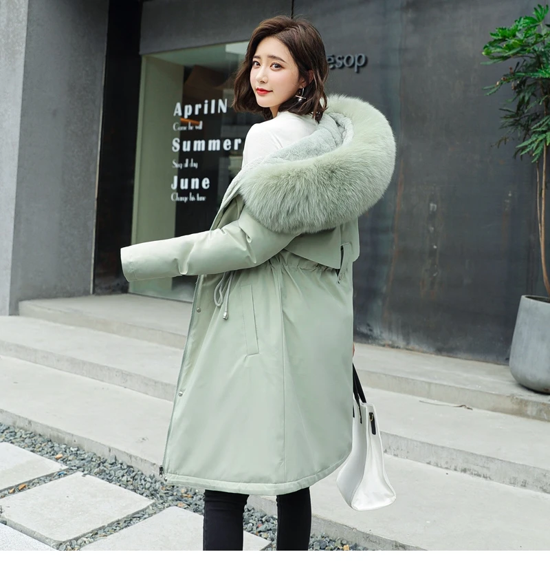 Fashion Solid Cotton Liner Parker Autumn Winter Jacket Women Drawstring Slim Medium Long Down Parka Hooded Fur Coat Female