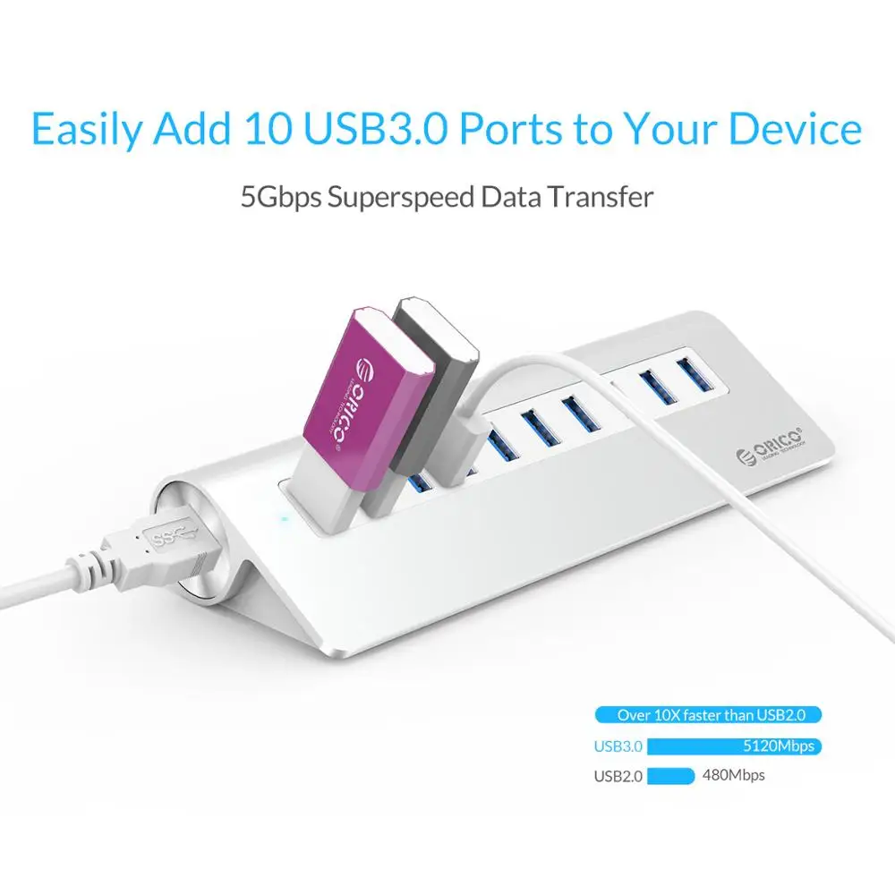 USB разветвитель ORICO алюминиевый с 10 портами 3 0 и адаптером питания 12 В|hub 3.0|orico m3h73.0