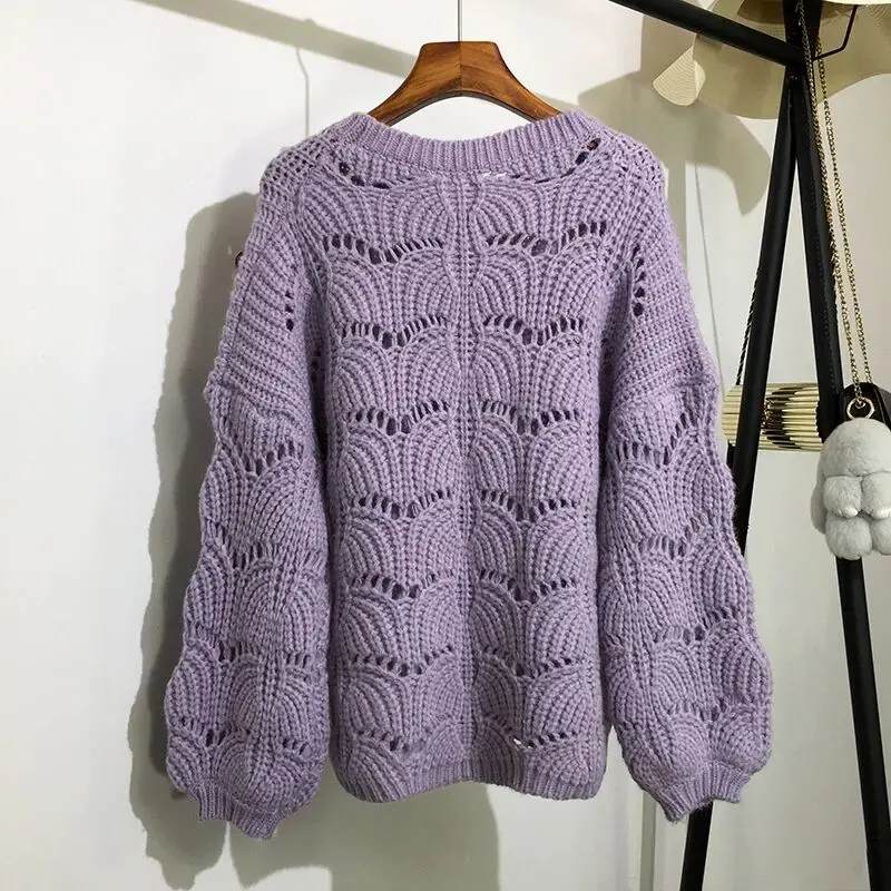 Осенний полый свитер с пайетками Женские Вязаные Пуловеры с длинным рукавом