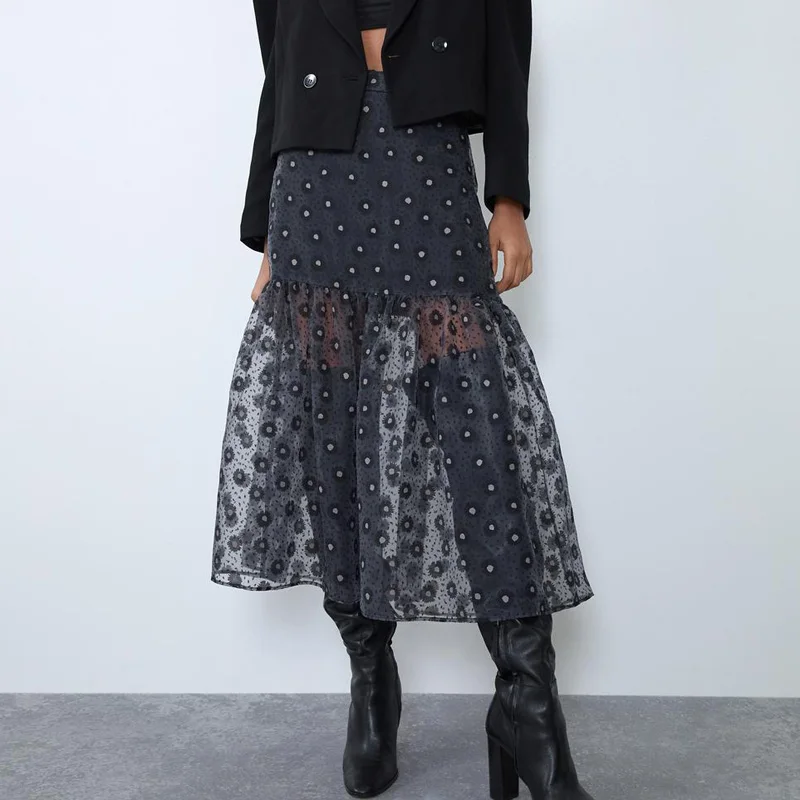 AGong повседневные свободные юбки с принтом, женская модная перспективная юбка из органзы, женские элегантные юбки до середины икры для женщин, LF