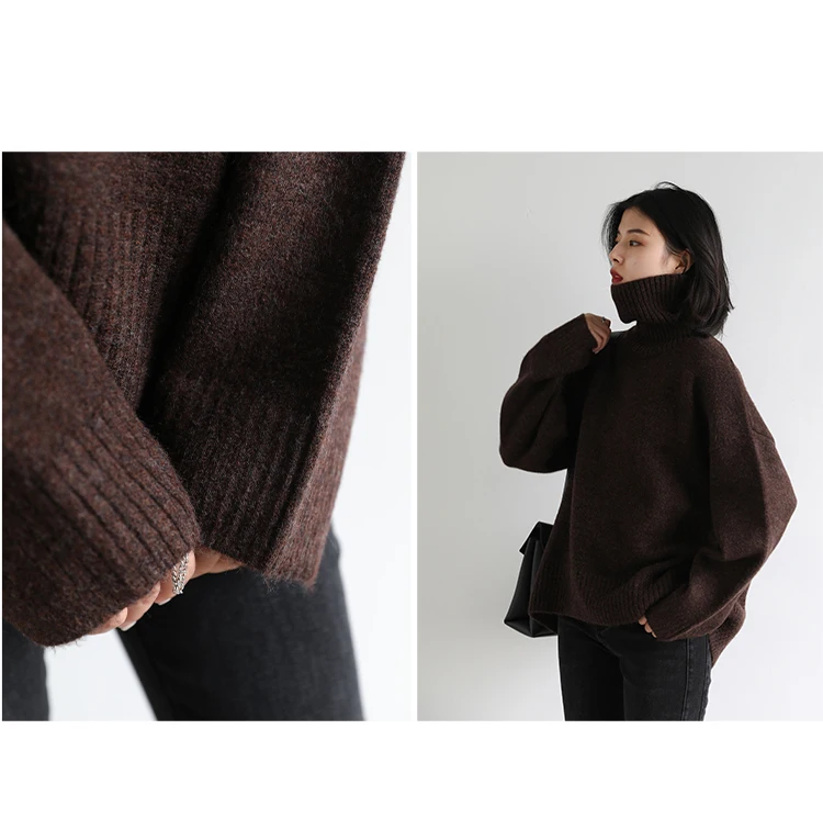 Loose Turtleneck Sweater Korean Women's Warm Solid Plus size Pullover Knitwear Basic Female Tops Autumn Winter Sweaters for Woman in Coffee brown