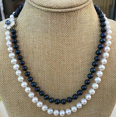 

2 ряда натуральный 7-8 мм черный и белый пресноводный жемчуг ожерелье 18-19 дюймов