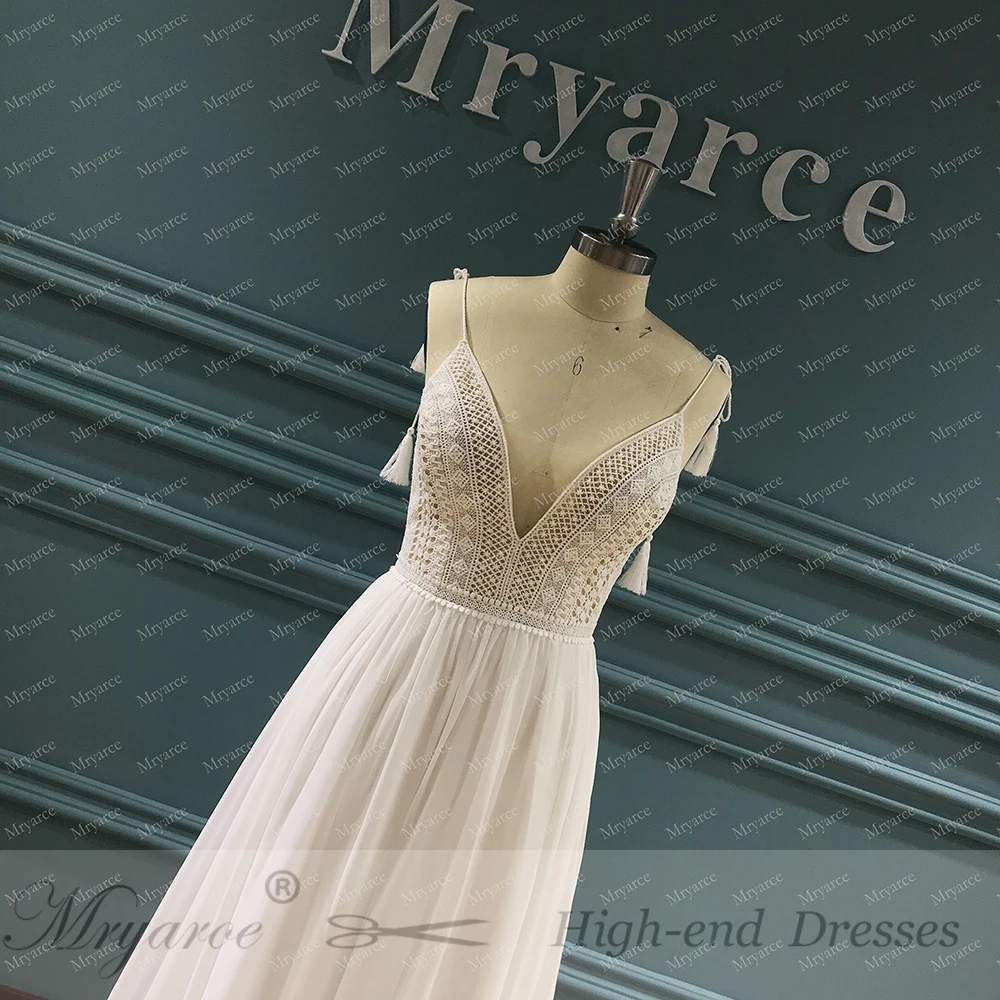 Mryarce 2020 New Boho Chic Lace Wedding Dress Open Back Flowy Chiffon Bridal Gowns  (6)