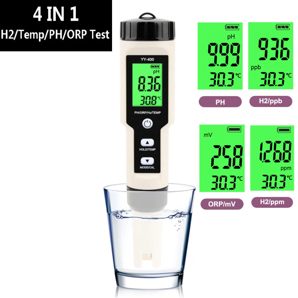Измеритель кислотности 4 в 1 PH/H2/TEMP/ORP тестер концентрации ионов водорода цифровой