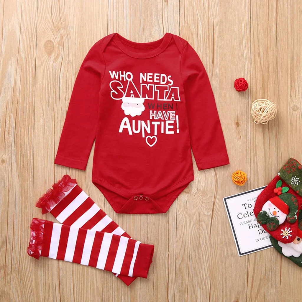 

Infant Baby Christmas Santa Letter Romper Bodysuit+Striped Leg Warmers Outfits Long sleeve clothes baby first christmas bodysuit