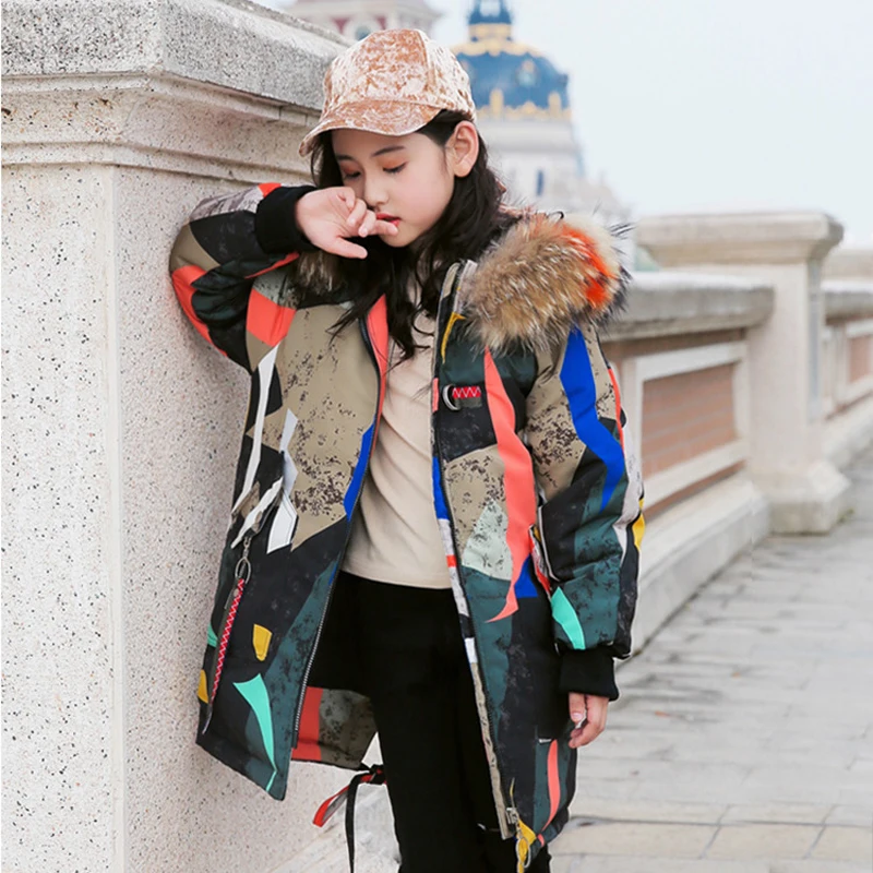 

2019 Girl Winter Hooded Jackets Clothing Children Warm Fur Collar Colorful Coat Kids Long Down Outerwear 120-160