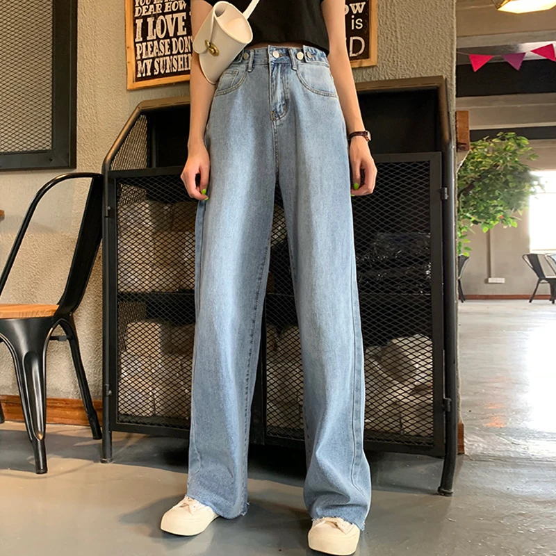 

Autumn Spring Women High Waist Overlength Jeans Trousers Pockets Zipper Female Wide Leg Denim Pants