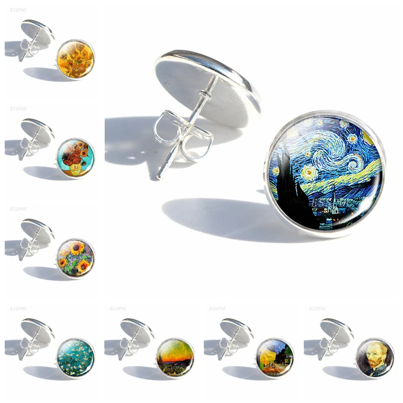 Женские серьги гвоздики с изображением подсолнуха|glass cabochon earrings|fashion stud earringsstud