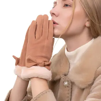 

Womens Winter Velvet Thick Lining Warm Touchscreen Gloves Lady Windproof Cute Bowknot Outdoor Driving Ski Full Finger Mittens