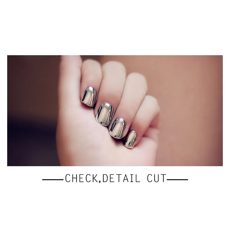 

24pcs Punk Cool Short Round Head Full Cover Manicure Fake Nail Tips with Glue European Fashion Metal Style Nail Finished Sticker
