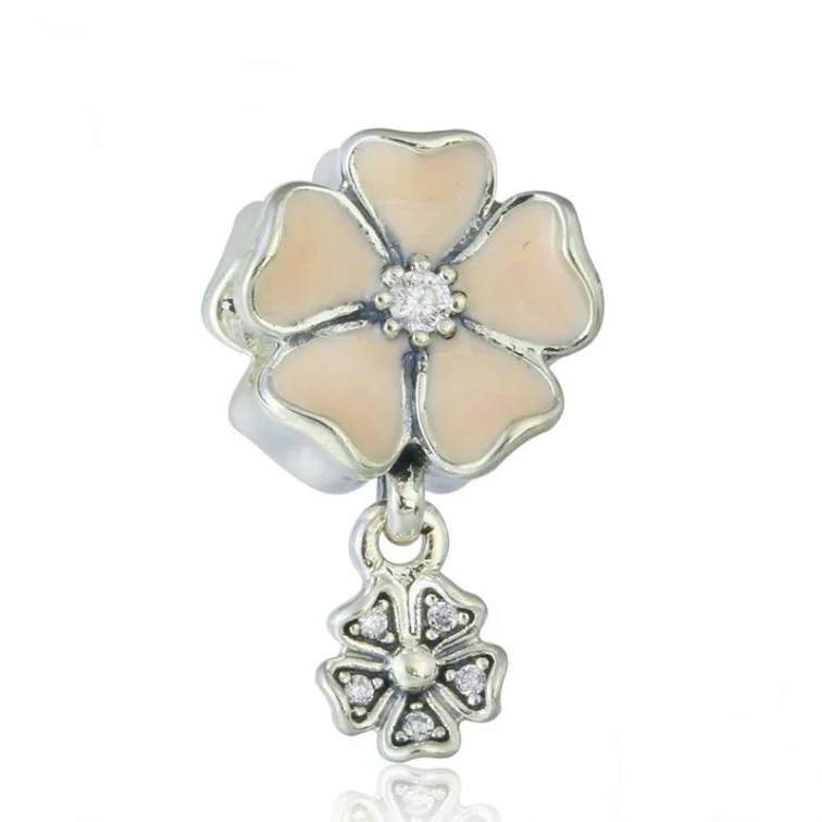 

Authentic 925 Sterling Silver Poetic Blooms Pink Enamel Clear CZ Bead Dangle Pendant fit European Beads Charms Bracelets Jewelry
