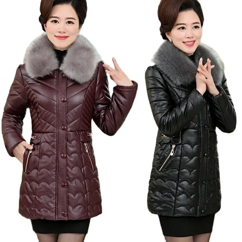 

2022 Autumn Winter Ladies PU Leather Cotton Coat Medium Long Add Velvet Thicken Fashion Keep Warm Women's 5XL