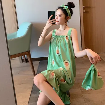 

Summer Cute Ladies Nightdress Simulation Silk Strap Lotus Leaf Skirt Fruit Print Nightdress Home Service Gift Storage Bag