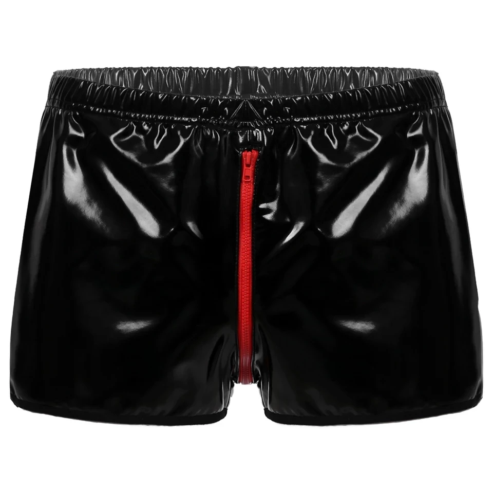 Mens Open Crotch Leather Short Pants Zipper Crotchless Patent Leather Boxer men underwear