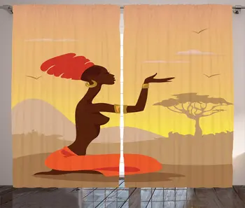 

African Window Curtains Safari Lady on Desert with Flying Gulls Folk Design Living Room Decor Bedroom Orange Cocoa